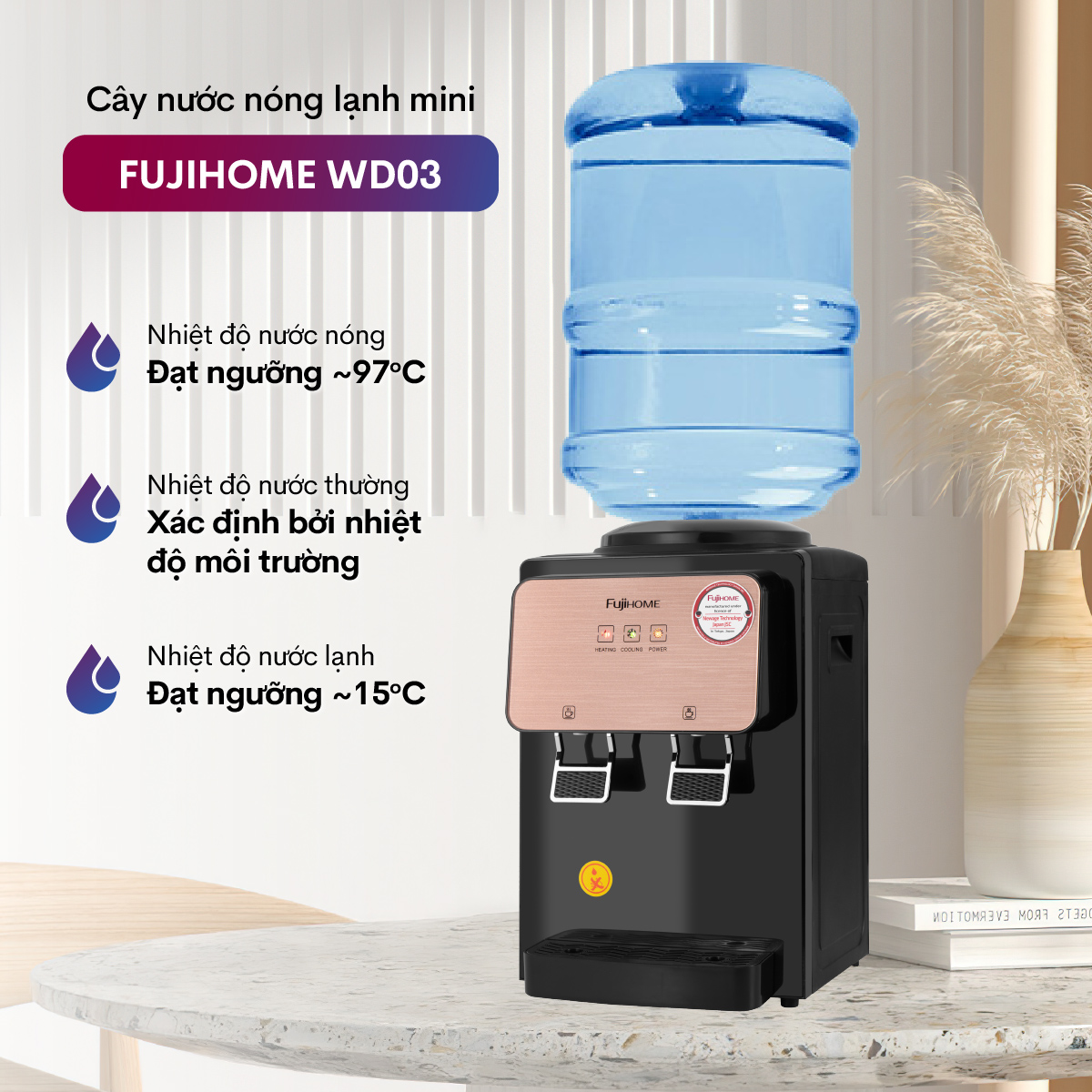 Cây nước nóng lạnh để bàn mini FUJIHOME, máy nước uống nóng lạnh mini tiết kiệm điện - Hàng chính hãng