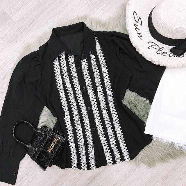 Set áo sơmi viền ren + chân váy phối ren