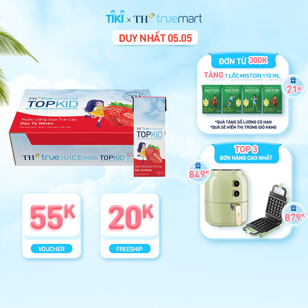 Thùng 48 hộp nước uống sữa trái cây TH true JUICE milk TOPKID hương dâu tự nhiên 180 ml (180 ml x 48)