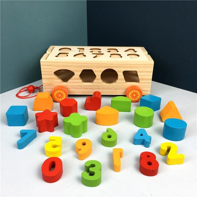 Đồ chơi gỗ xe kéo thả hình khối và học số đếm