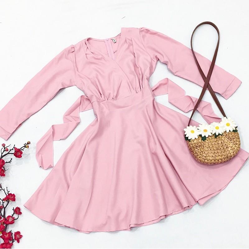 Đầm hồng cột eo tay dài