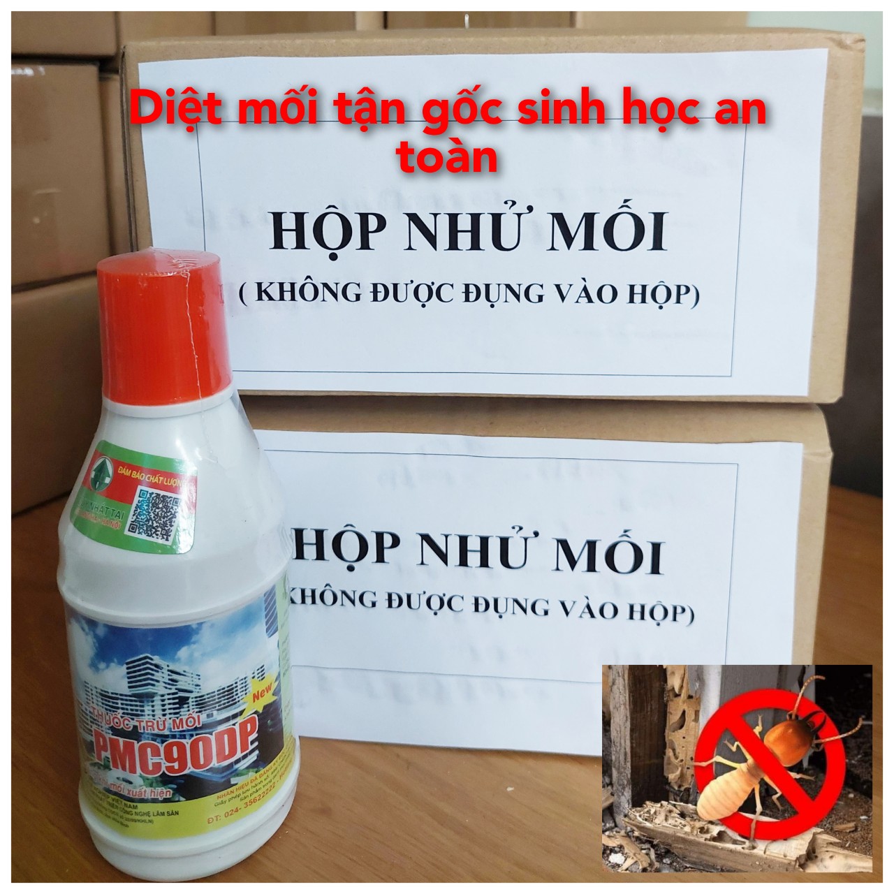 Combo diệt mối trừ mối sinh học tận gốc PMC: 3 Hộp nhử mối + 1 lọ diệt mối PMC 90 bột hồng công ty nhà việt xanh