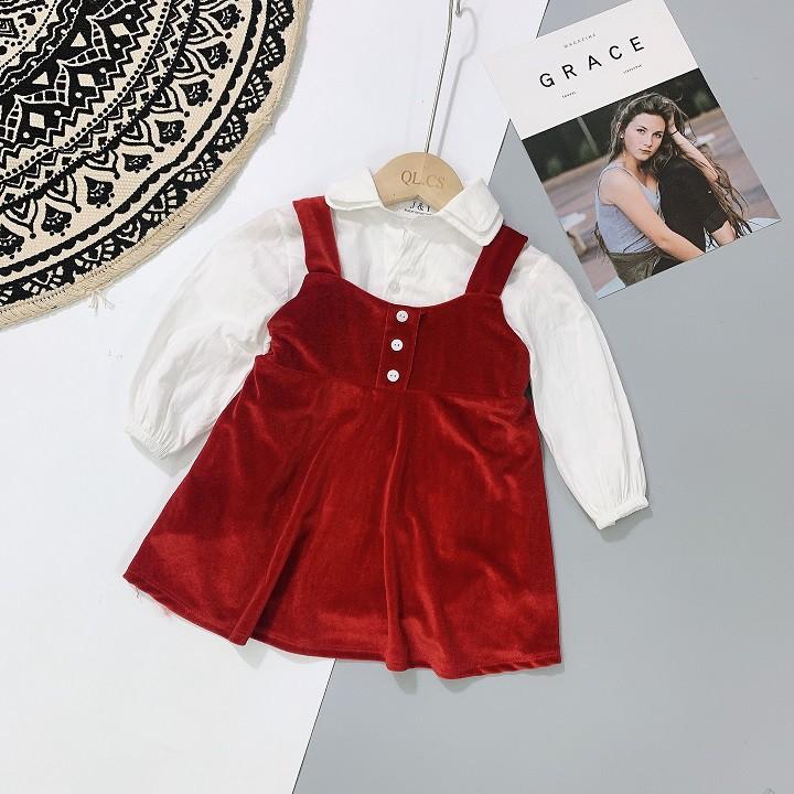 SET ÁO SƠ MI TRẮNG MIX YẾM NHUNG ĐỎ BÉ GÁI SETN297