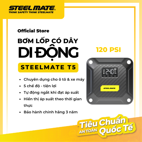 Bơm Lốp Ô Tô Mini STEELMATE T5 – Bơm Nhanh, Tự Động Ngắt, Hiển Thị Áp Suất Kỹ Thuật Số, Bảo Hành 3 Năm