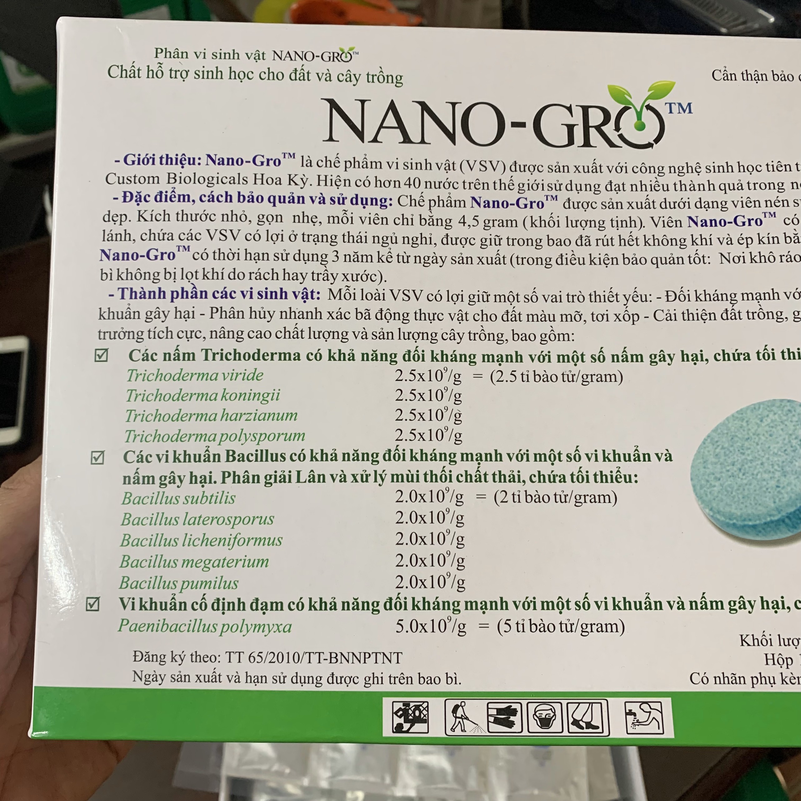 1 viên Phân bón vi sinh NANO-GRO. Chứa hàng tỷ bào tử vi nấm đối kháng trichoderma bacillus