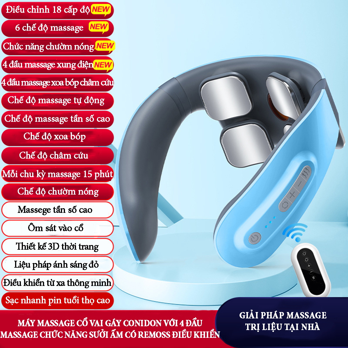 Máy massage cổ vai gáy tích hợp 4 đầu massage, chức năng chườm nóng, có remoss điều khiển, pin sạc 5V/800mA, giải pháp trị liệu hiệu quả