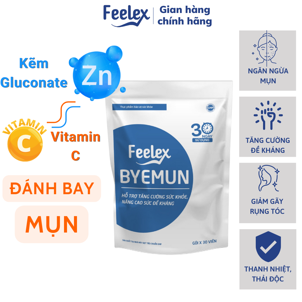 Viên uống Feelex Byemun Giảm Mụn viêm, Ẩn, Thâm, Đầu Đen Cho Da Dầu Mụn Bổ sung Kẽm ZinC,vitamin C gói 30 viên