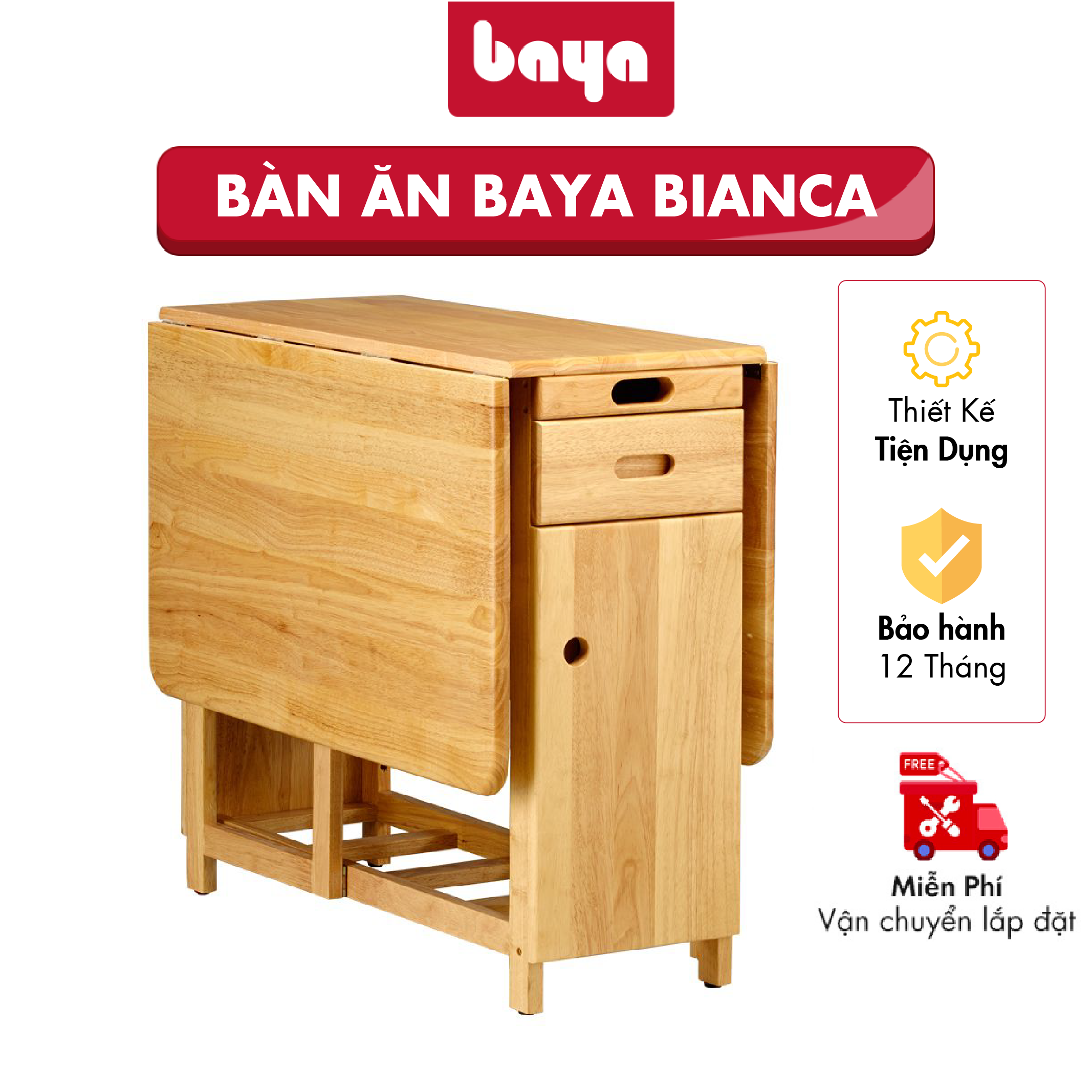 Bàn Ăn Gấp Gọn Thông Minh BAYA BIANCA Chất Liệu Gỗ Cao Su Tự Nhiên Có 2 Hộc Kéo Đựng Dao Nĩa Khăn Ăn 4379