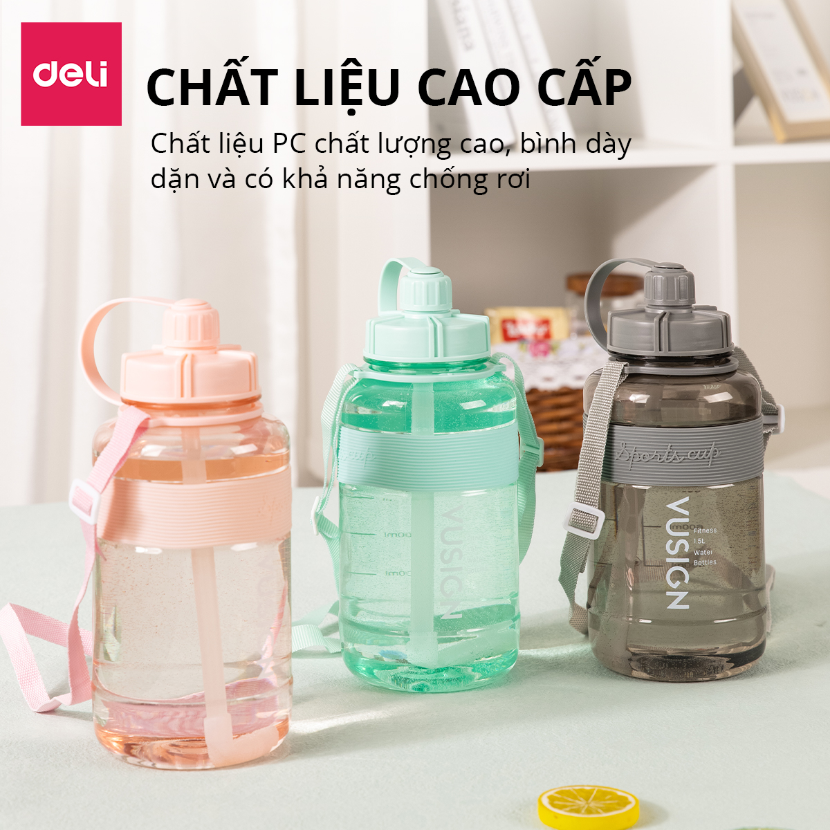 Bình Đựng Nước 1.5L Bao Bì Dễ Thương Có Vạch Báo Giờ Uống Nước Chia Lượng Nước Kèm Ống Hút Có Quai Đeo Chéo Deli - Nhựa Cao Cấp An Toàn Đầy Đủ Kiểm Định Chất Lượng Phủ Hợp Bình Nước Thể Thao Cho Bé Tới Trường - VS820