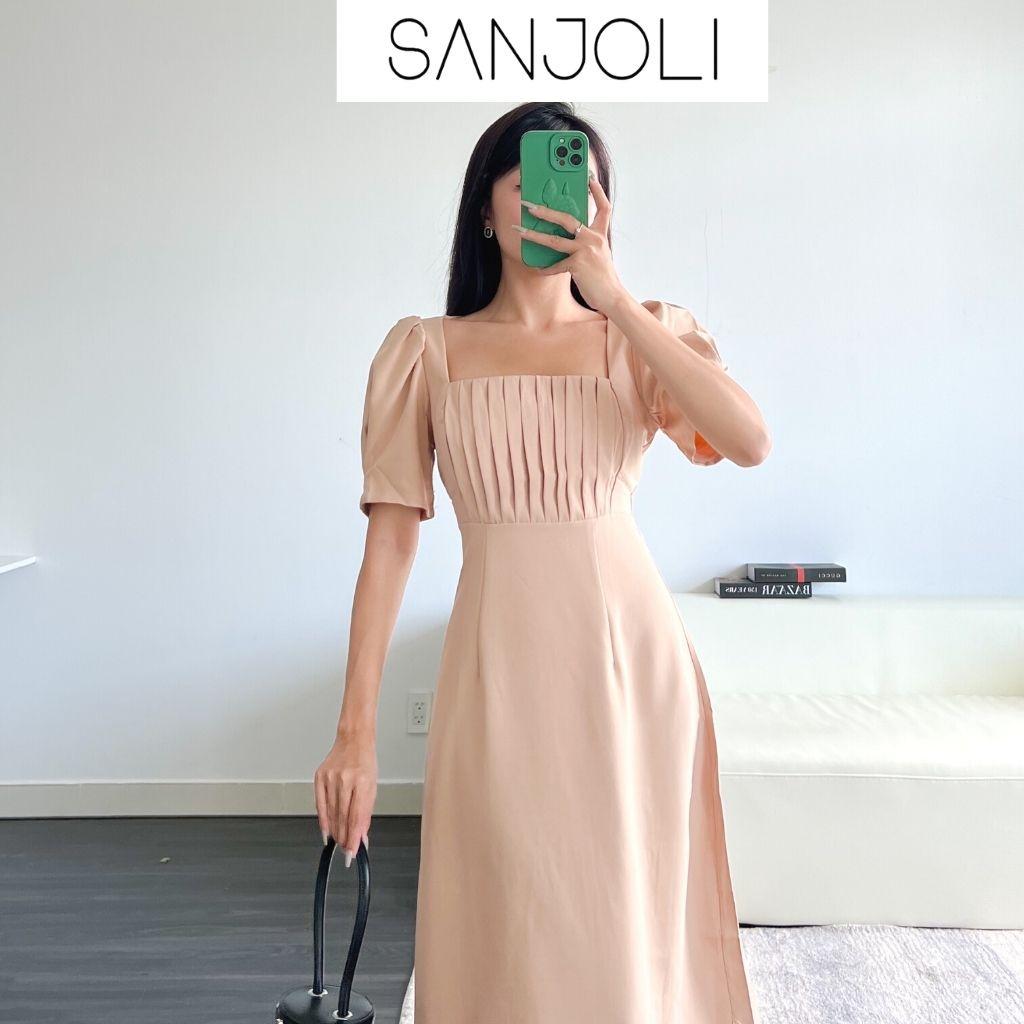 Váy Công Sở Nữ SANJOLI Đầm Dự Tiệc Thiết Kế Cổ Vuông Tay Phồng Họa Tiết Xếp Ly Phong Cách Hàn Quốc Sang Trọng VD017