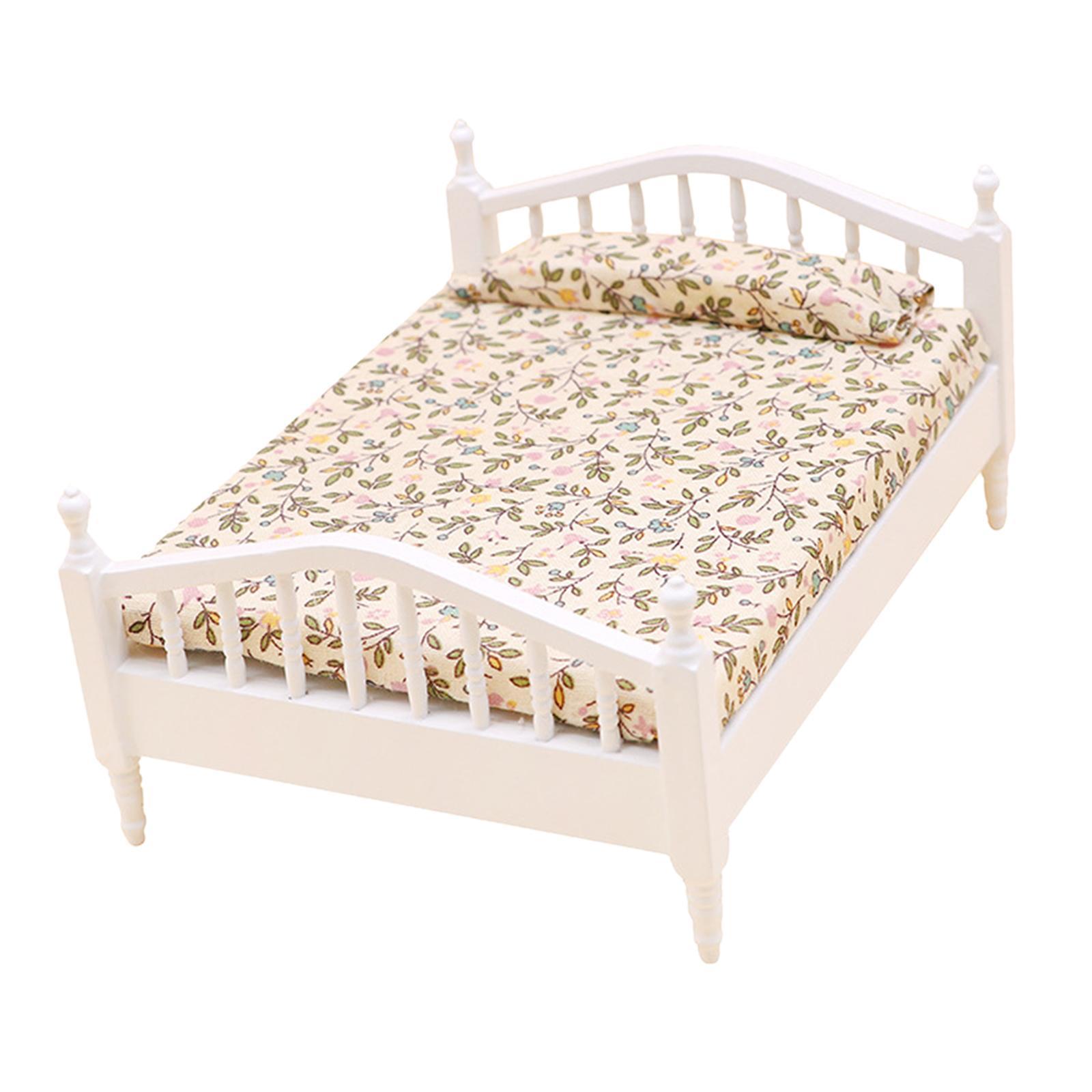 Dollhouse Miniature Bed Single Bed Model DIY Scene Model White and Pink