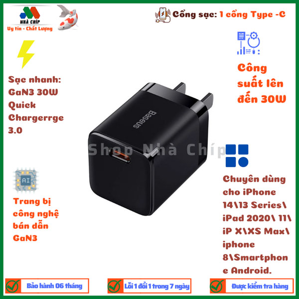Củ sạc nhanh, nhỏ gọn Baseus GaN3 Quick Charger 1C 30W (PD/ QC / PPS Multi Quick Charge Support) - Hàng chính hãng