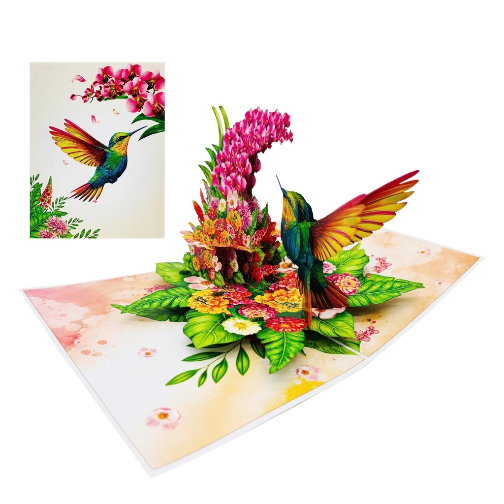 F62 -  Thiệp 3D Chim Ruồi &amp; Hoa Lan Hồng – Pop Up Card Viethands Giftshop