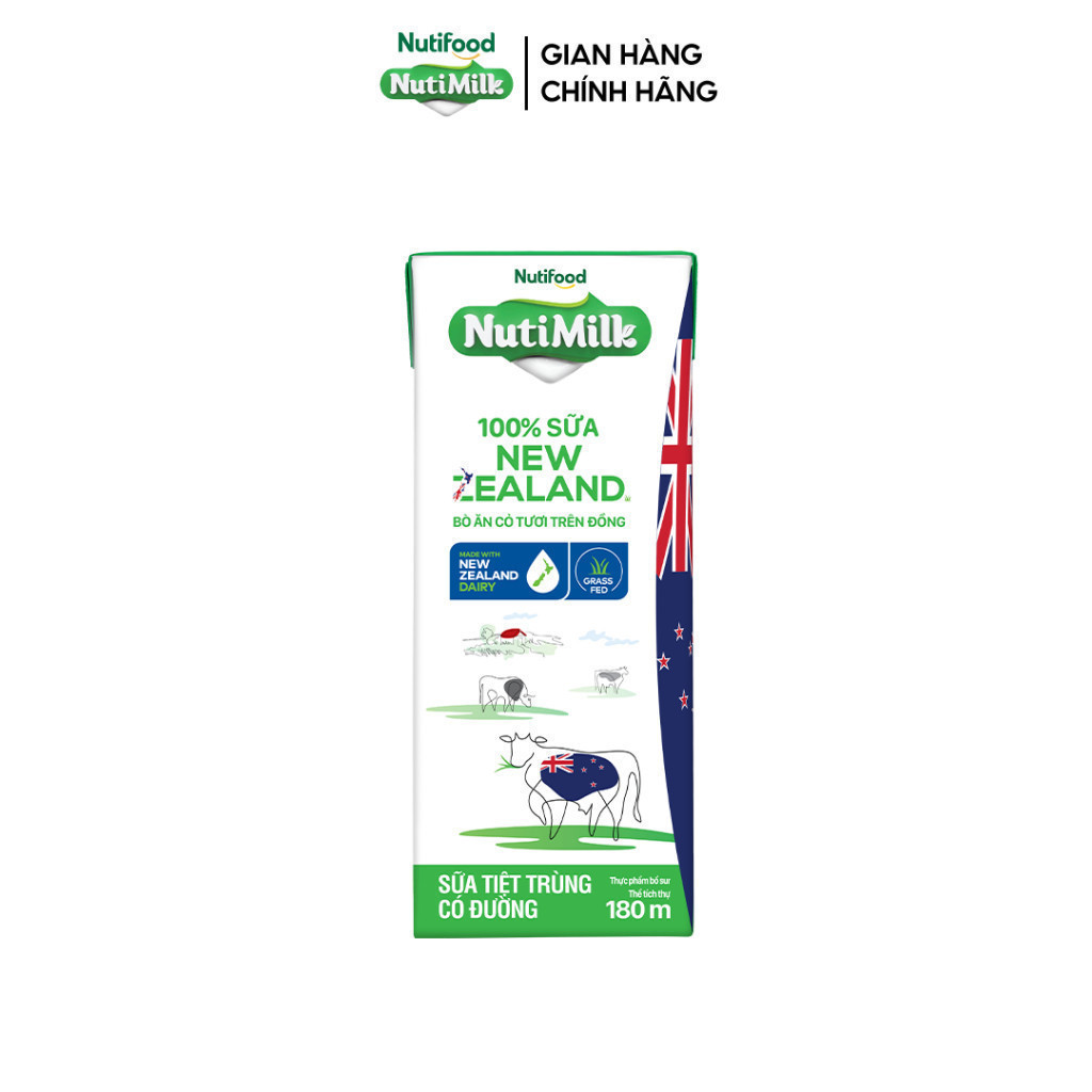 Thùng Sữa Tươi NewZealand Nutimilk Có Đường 180ml (Hộp 180ml x 48) - Sữa Bò Ăn Cỏ Tự Nhiên, Tốt Cho Sức Khỏe