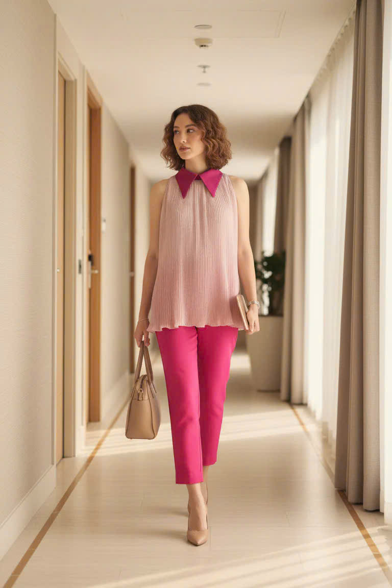 Áo Sơ Mi Vai Yếm Dập Ly, Áo Sát Nách Cổ Sơ Mi Hồng thời trang thiết kế Hity TOP246