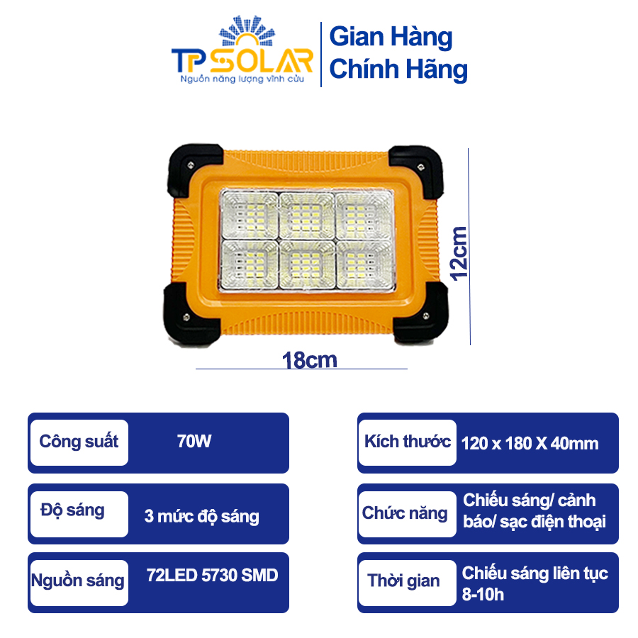 Đèn Pin Cầm Tay Năng Lượng Mặt Trời TP Solar TP-X70 Công Suất 70W Chống Nước IP65