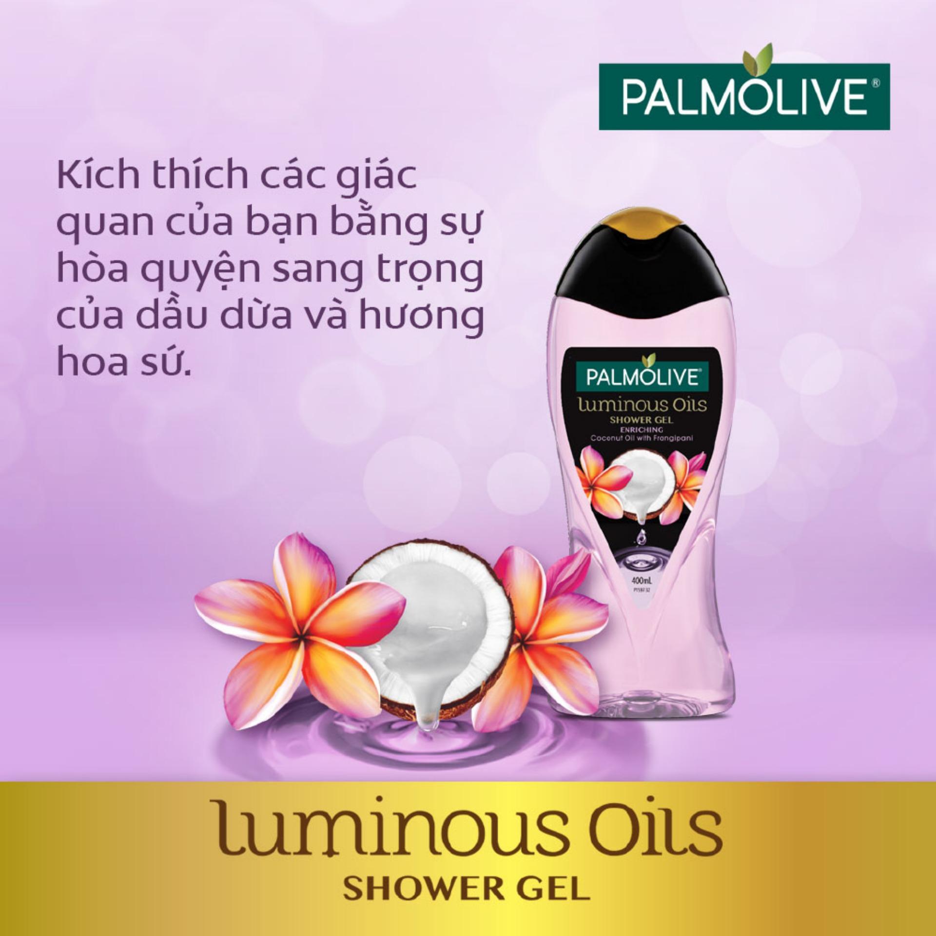 Bộ 2 sữa tắm tinh dầu Palmolive Luminous Oils thiên nhiên từ dừa và hoa sứ trắng 400ml/chai