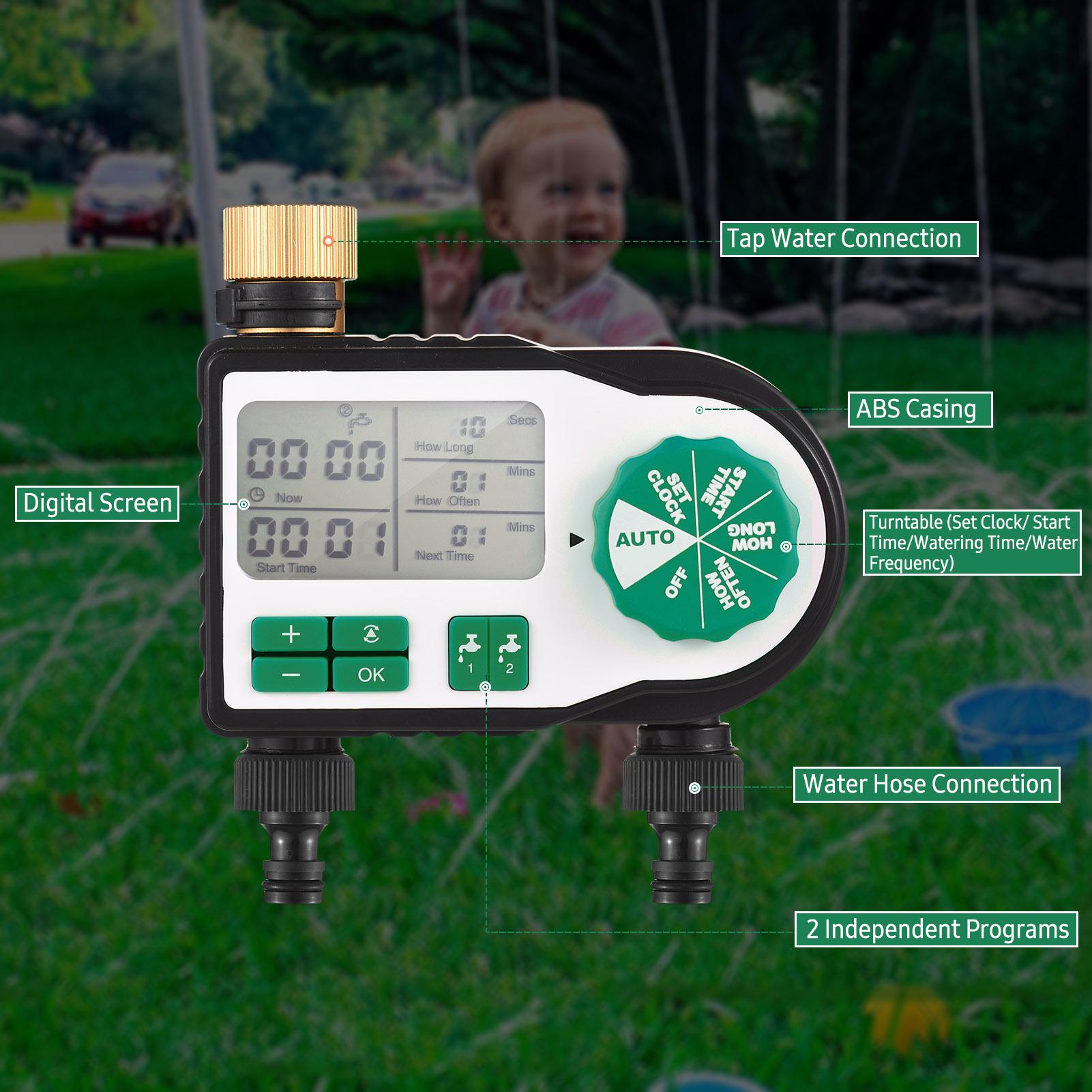 Digital Automatic Watering Timer with 2 Hose Connectors Programmed Garden Irrigation Timer Faucet Sprinkler Intelligent Irrigation Controller for Lawn Farmland Courtyard Greenhouse