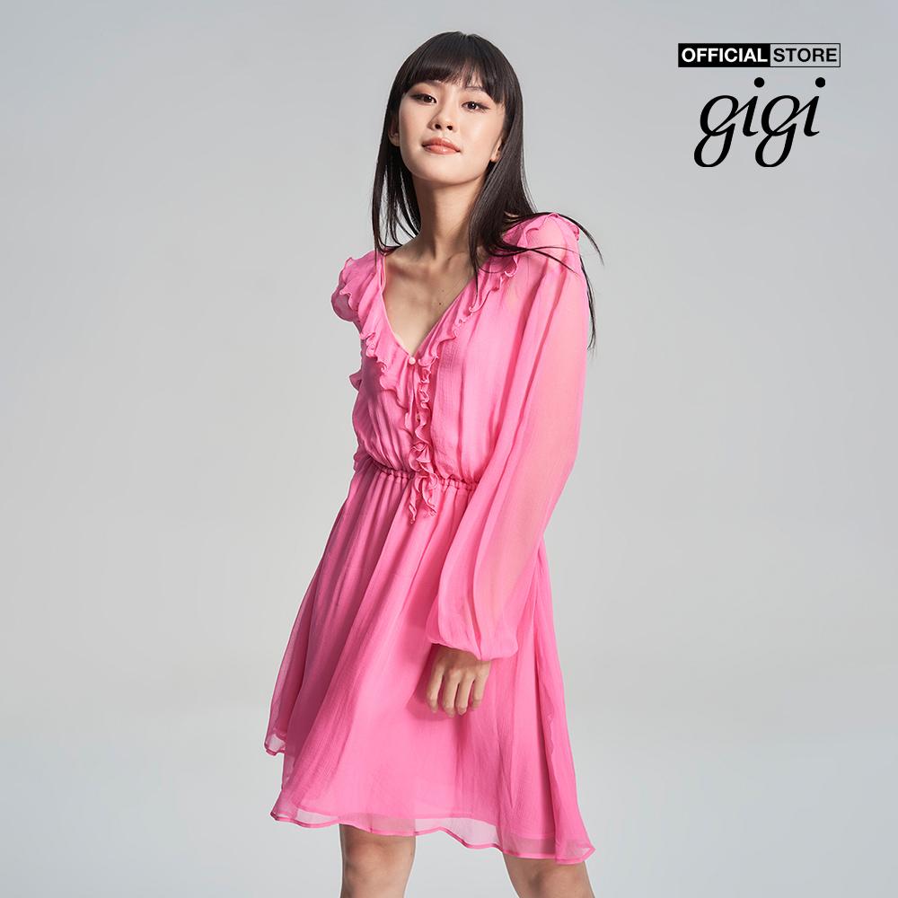 GIGI - Đầm mini tay dài cổ V nhún bèo nữ tính G2101D231132