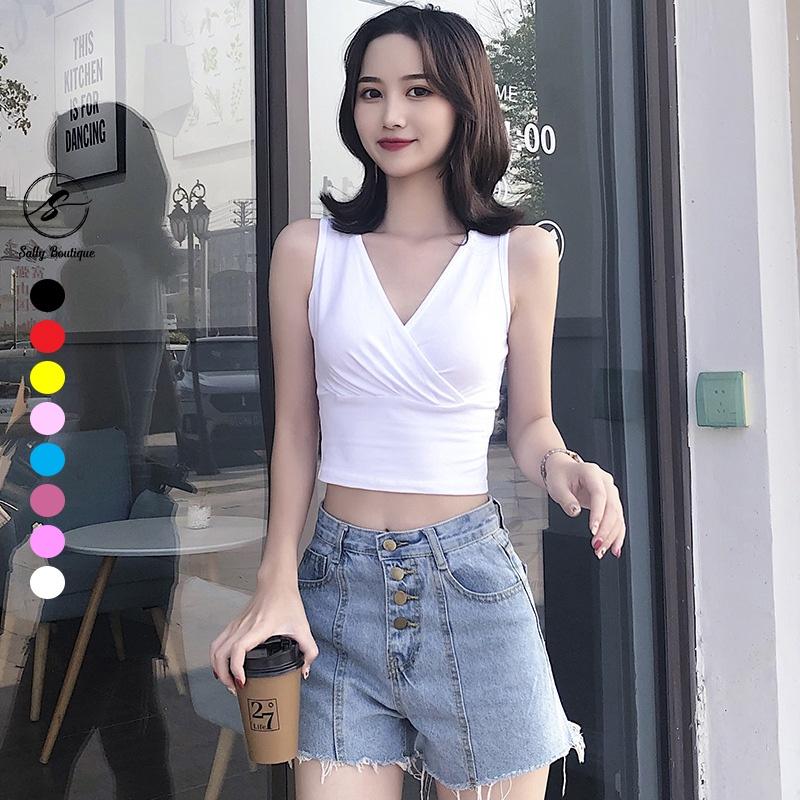 Áo Croptop Sát Nách Cổ Đắp Chéo Quyến Rũ Ôm Body Tôn Dáng Vải Cotton Co Giãn Nhiều Màu Lựa Chọn Sally Boutique-CRT004