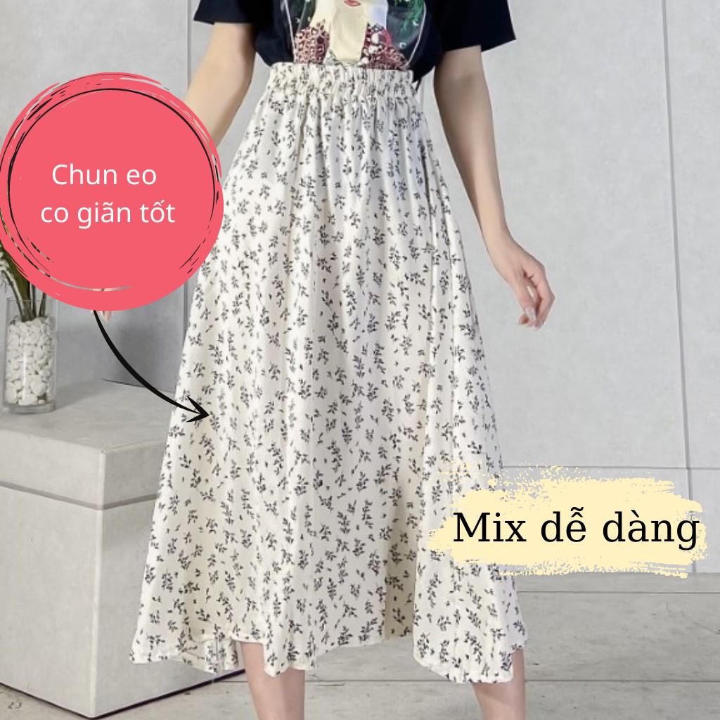 Chân váy nữ hoa nhí hoa đen EMIX, ulzzang, dáng dài, cạp chun, vải lụa mềm co giãn, mềm mát, 1 lớp nhưng không lộ