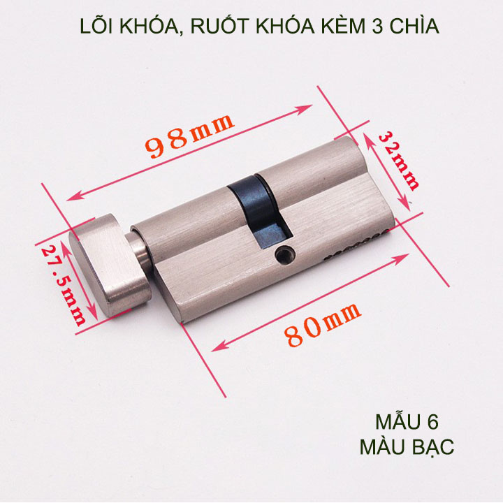Lõi khóa cửa tay gạt dài 80mm, khóa 1 bên, vặn 1 bên kèm 3 chìa-Mẫu 6