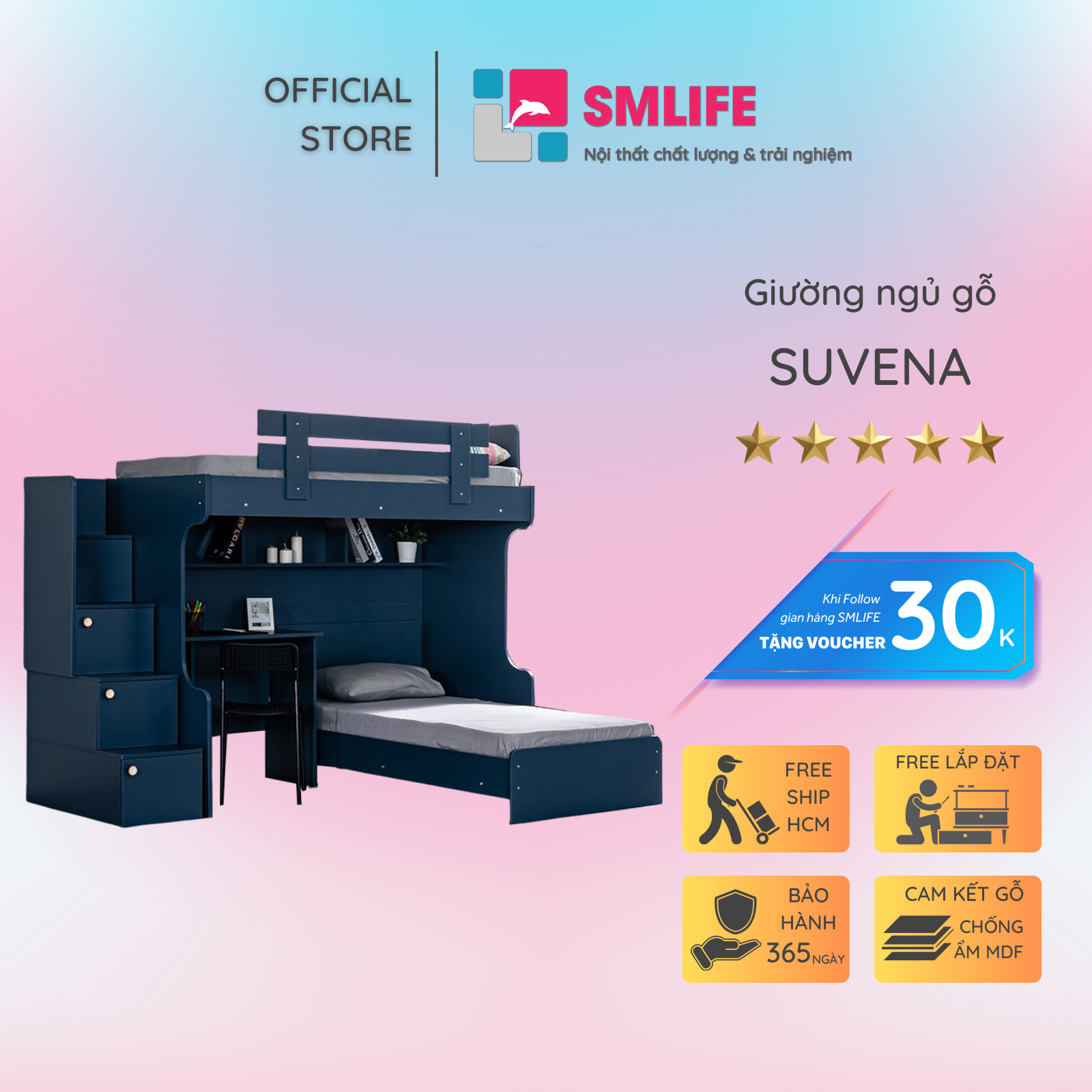 Giường tầng gỗ hiện đại cho bé SMLIFE Suvena  | Gỗ MDF dày 17mm chống ẩm | D234xR106xC190cm