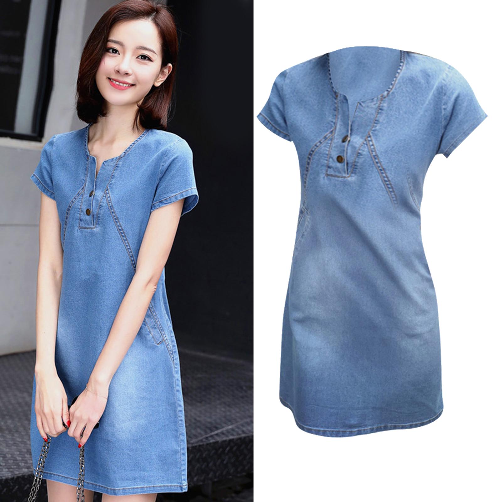 Womens  Denim Dress Spring Summer V Neck Slim Fit Skirt