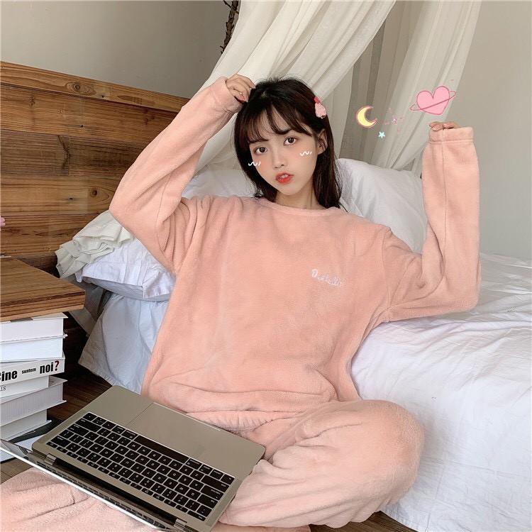 Bộ nỉ lông loại dày ấm áp, bộ nỉ nữ lót lông mềm mại dễ thương