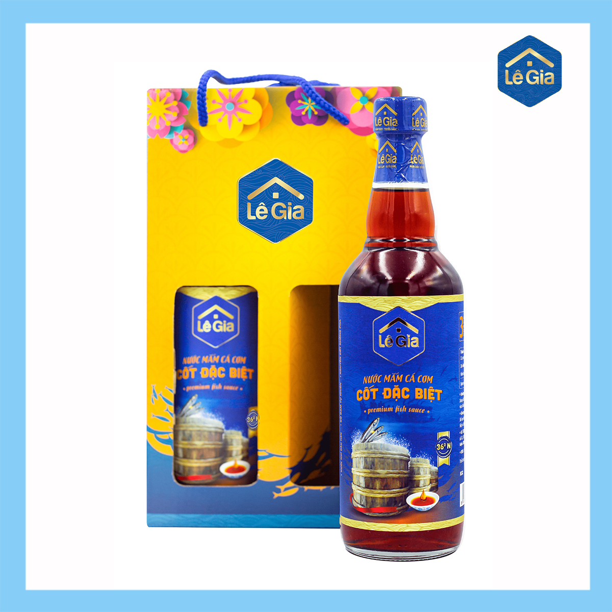 Hộp hai chai nước mắm cốt đặc biệt Lê Gia làm quà biếu sang trọng
