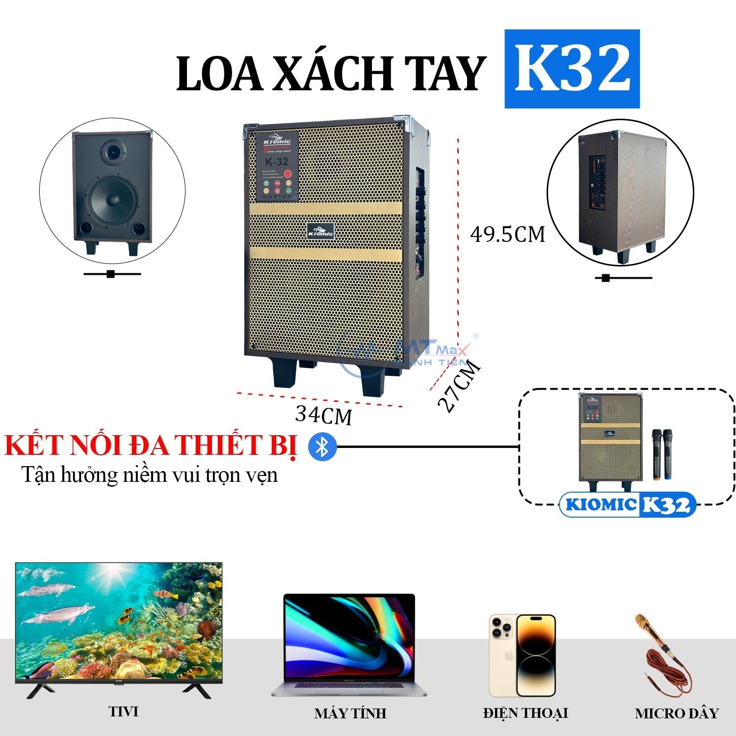 Loa Karaoke Kiomic K32 - Loa Xách Tay Bluetooth Cao Cấp Giá Rẻ Bass 20Cm Chất Âm Mạnh Mẽ Uy Lực Tặng Kèm 2 Micro Không Dây và Kẹp Điện Thoại L7 Bảo Hành 6 Tháng Hàng chính hãng