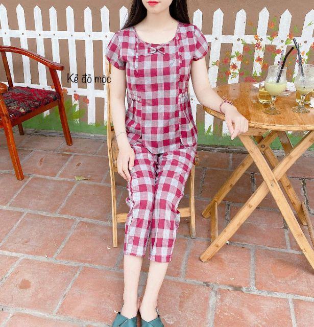 Quần áo mặc nhà kẻ xinh cổ nơ 4 màu ảnh thật