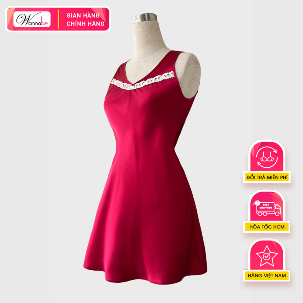 Đầm ngủ phi lụa cao cấp WANNABE DNS68 váy ngủ bản vai 4cm cổ tim phối ren đơn giản trang nhã