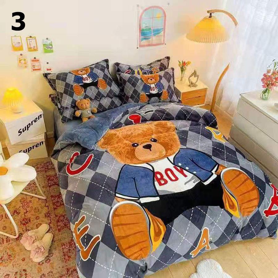 Bộ chăn ga gối vải nỉ nhung 4 món hình 3D họa tiết gấu siêu đẹp – chăn mền, drap giường, vỏ gối - ga giường đủ size