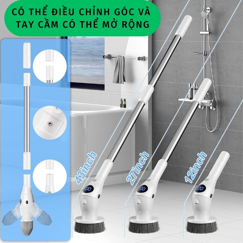 Cây Chà Sàn Nhà Tắm Toilet Bằng Điện Không Dây Thông Minh,  Chổi Cọ Nhà Vệ Sinh Bồn Cầu Toilet Không Dây Đa Năng, Bộ Chổi Điện Cọ Rửa Chà Sàn Nhà Vệ Sinh Thông Minh 8 Đầu Thay Thế Tiện Lợi