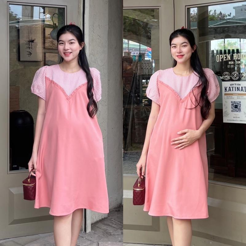 Đầm yếm bầu phối kẻ karo chất cotton lạnh mát mẻ diện đi làm, đi chơi đều xinh - Hồng