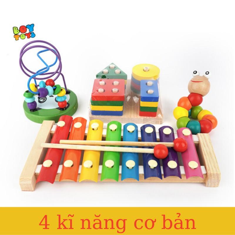 Combo 4 đồ chơi trí tuệ cho bé: Luồn hạt, thả trụ, sâu gỗ xoắn và đàn 8 hợp âm cho bé phát triển kĩ nằn cơ bản