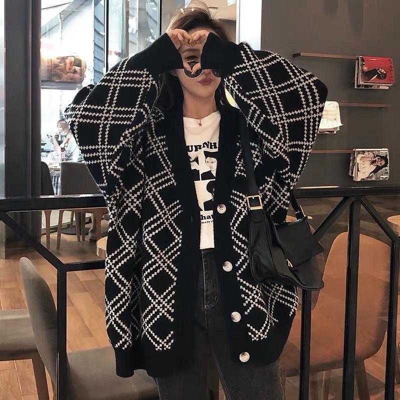 Áo khoác len cardigan nữ kẻ sọc đen mẫu mới cadigan tay dài dáng rộng bigsize hàng Quảng Châu thời trang hottren K-33
