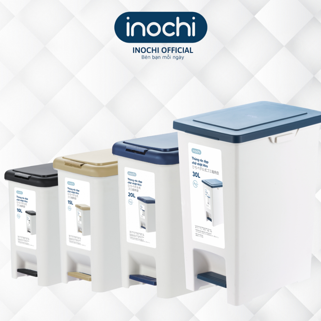 [Loại Kèm Ruột] Thùng rác đạp chữ nhật Hiro 30L (Tặng kèm Sticker) - Chính Hãng INOCHI