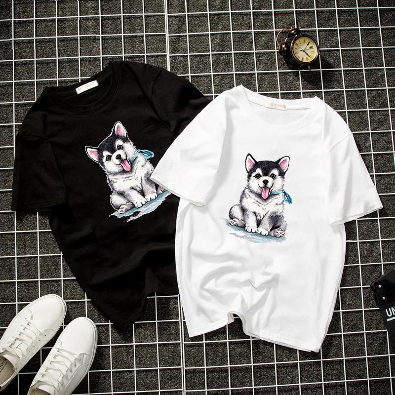 Áo thun unisex form rộng in cún con đáng yêu vải dày mịn 2019T1126