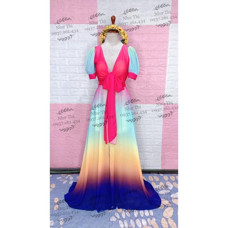 (miễn phí chỉnh váy) đầm maxi màu loang ombre cột nơ ngực xẻ tà đi biển du lịch chụp hình sống ảo cực sang giá rẻ