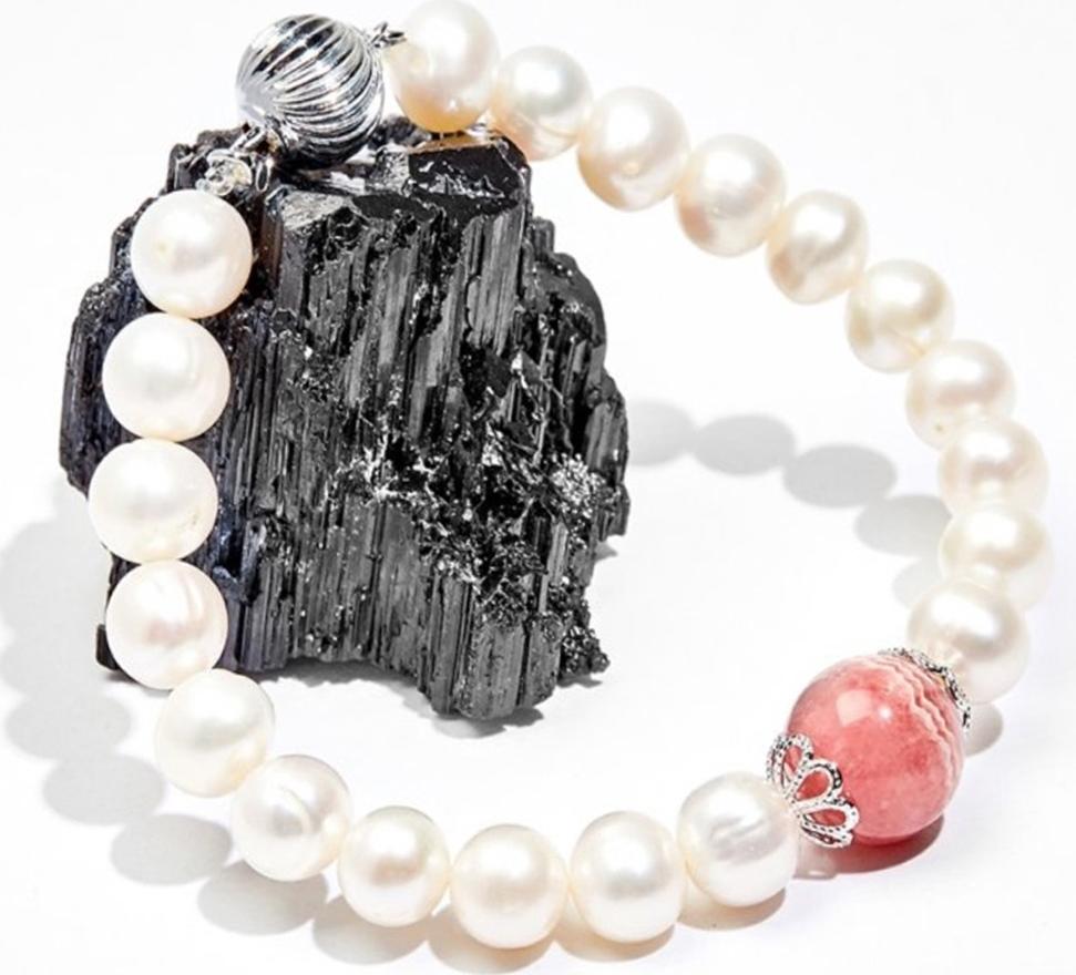 Vòng Tay Ngọc Trai Trắng Đá Đào Hoa Rhodochrosite Tự Nhiên 8MM