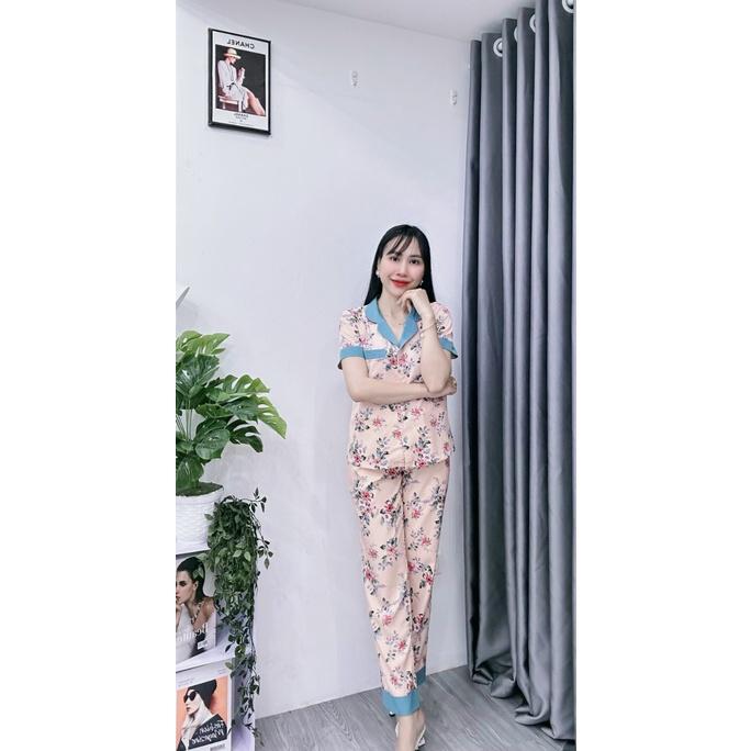 Bộ Pijama Nữ Tay Ngắn, Quần Dài Chất Lụa Nhật Cao Cấp Mềm Mịn, Họa Tiết Thiết Kế Phối Màu sang trọng