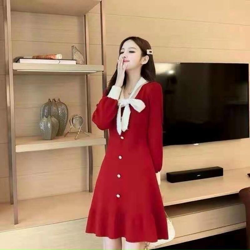 Đầm váy len dáng xoè cổ nơ lông