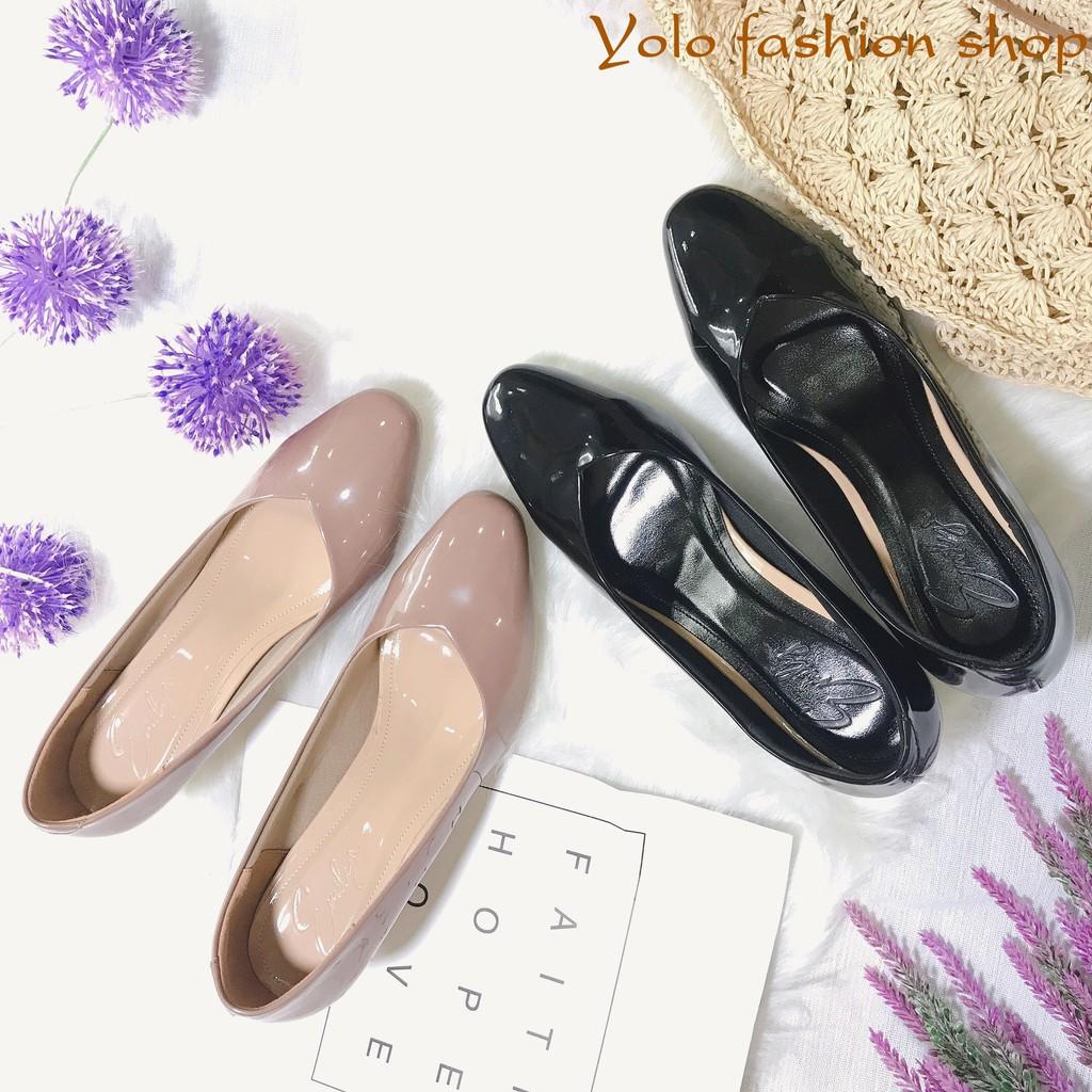 Giày cao gót nữ da bóng đế trụ mũi vuông 5cm da mềm êm chân -HC07