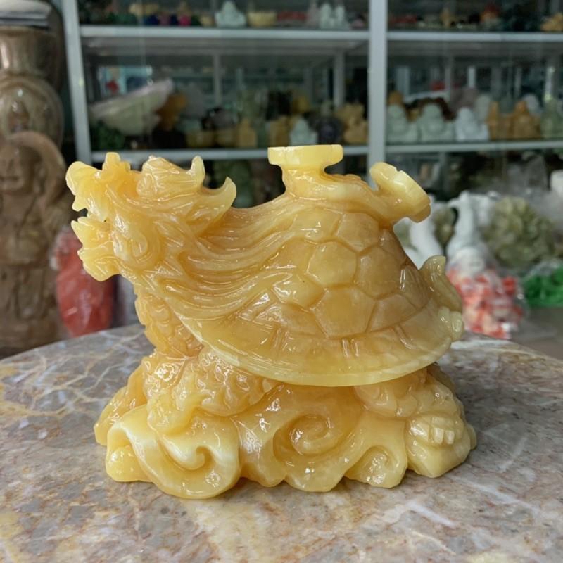 Tượng Long Quy cõng gậy như ý phong thủy đá ngọc hoàng long - Dài 15 cm