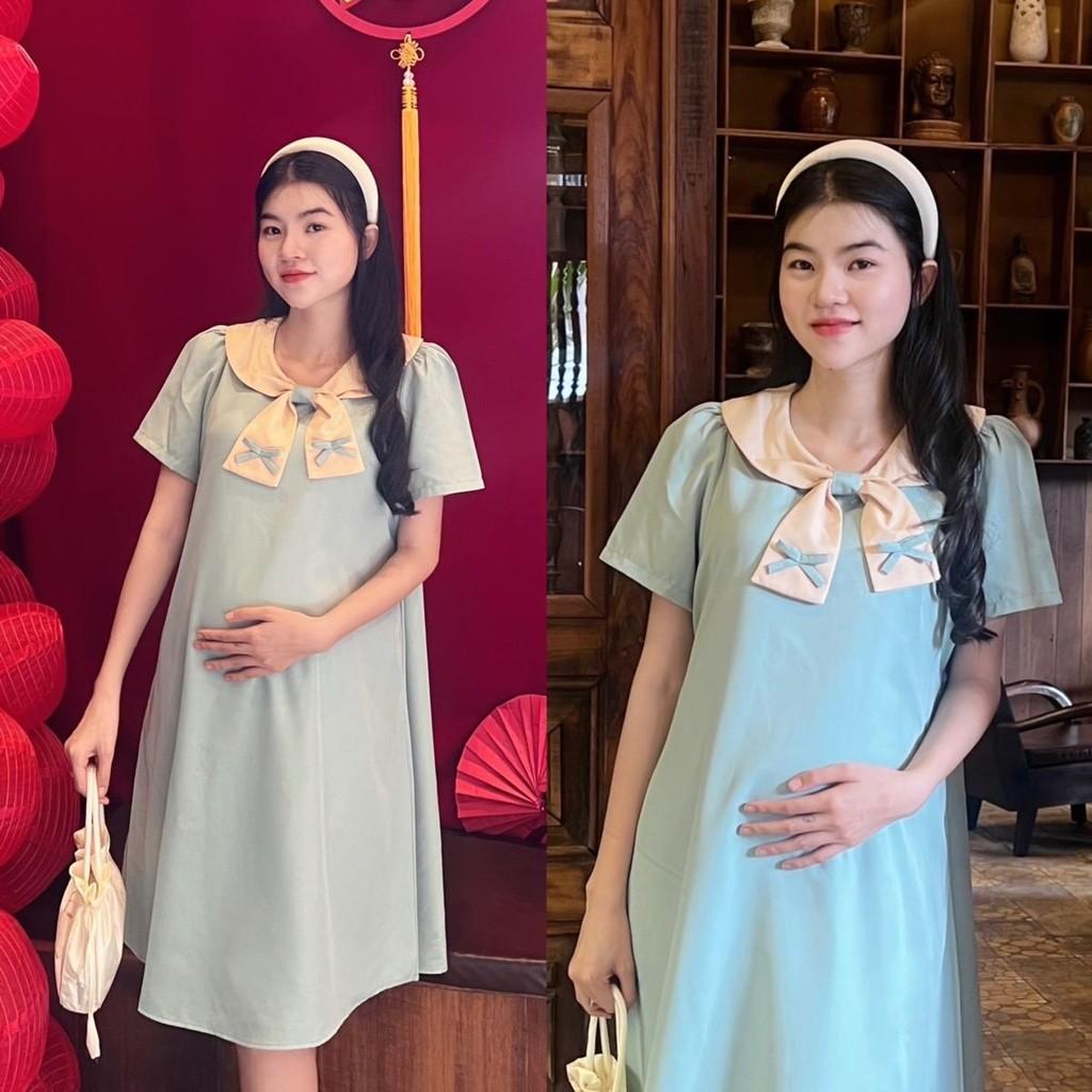 Đầm bầu cotton lạnh phối cổ thắt nơ phom suông gọn dáng, thanh lịch, dễ thương - Xanh đen
