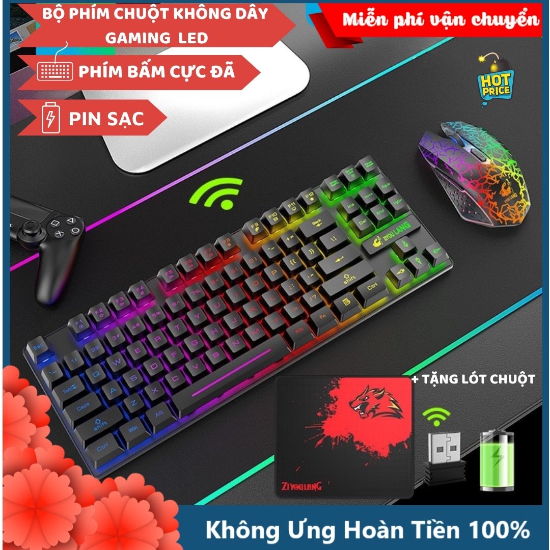 Bộ Bàn Phím Và Chuột Không Dây Gaming Có Đèn Led Pin Sạc XSmart T87 Tặng Kèm Lót Game, Combo Cho Máy Tính - Hàng Chính Hãng