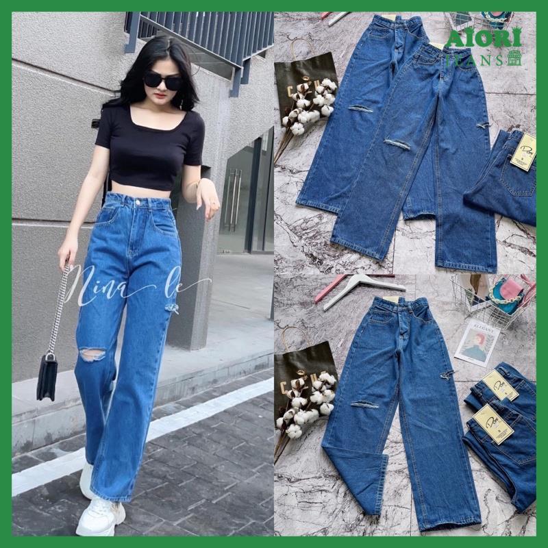 Quần Jeans Nữ, Quần Bò Nữ Aiori Ống Rộng Lưng Cao Trơn Rách Gối Bò Suông Phong Cách Thời Trang Hàn Quốc_Mã 3186