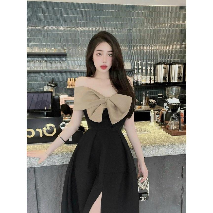 Đầm xoè dự tiệc phối nơ ngực xẻ tà sang chảnh